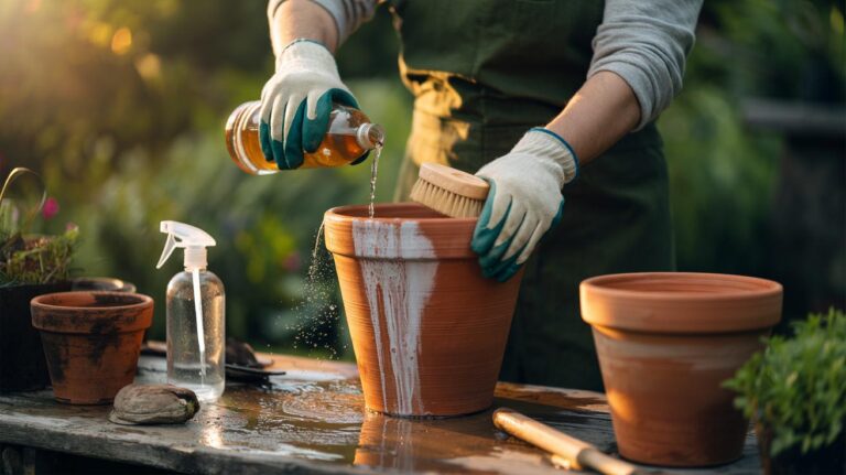 Illustration of an apple cider vinegar rinse removing mineral staining from terracotta pots