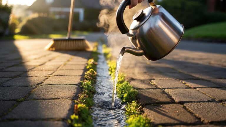 Illustration of boiling water poured from a kettle along driveway cracks to kill weeds by heat-induced root cell collapse