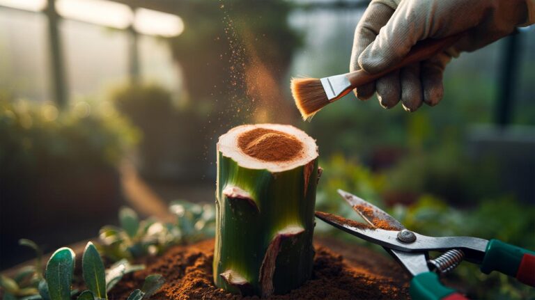 Illustration of cinnamon powder being applied to a fresh pruning cut on a plant stem to provide natural antifungal protection
