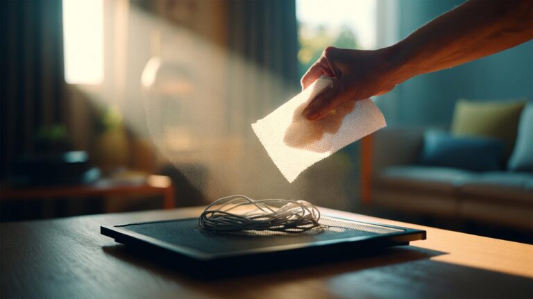 Illustration of a person wiping dust from a plastic surface with a dryer sheet, highlighting anti-static fibres trapping particles