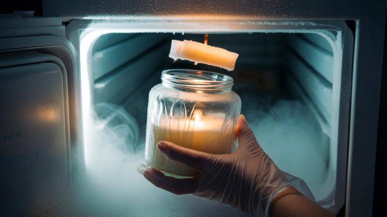 Illustration of the freezer-peel hack using cold contraction to release hardened candle wax from a glass jar