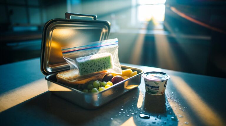 Illustration of a frozen sponge in a sealed freezer bag placed on top of packed food inside an insulated lunchbox to keep it cool