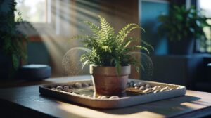 Illustration of a houseplant pot resting on pebbles above water in a shallow tray, with evaporating moisture creating a local humidity zone