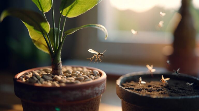 Illustration of a layer of pebble mulch on potting soil creating a dry surface that disrupts fungus gnat breeding cycles