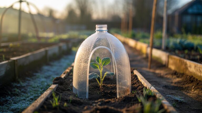 Illustration of a clear plastic-bottle dome acting as a mini-greenhouse protecting a young seedling in a garden bed