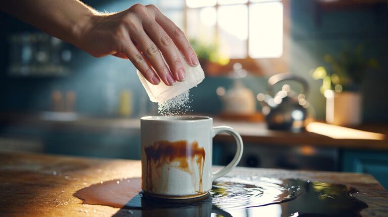 Illustration of a person using coarse salt and ice to scrub tea stains inside a white ceramic mug