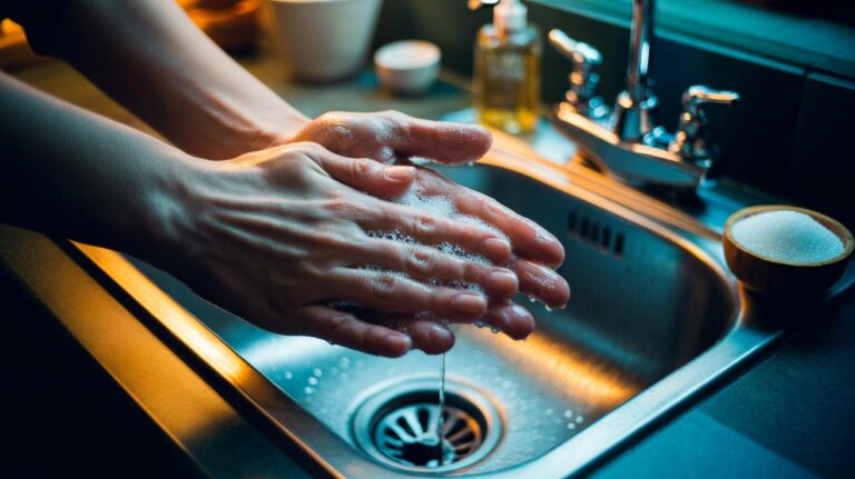 Illustration of greasy hands being scrubbed with soap and granulated sugar to lift oil safely