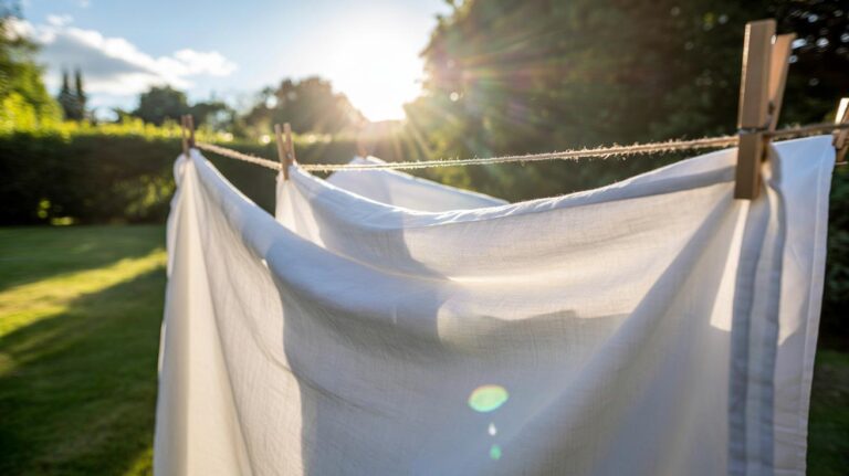 Illustration of bedding hanging on an outdoor clothesline in direct sunlight, with UV exposure killing odour-causing bacteria